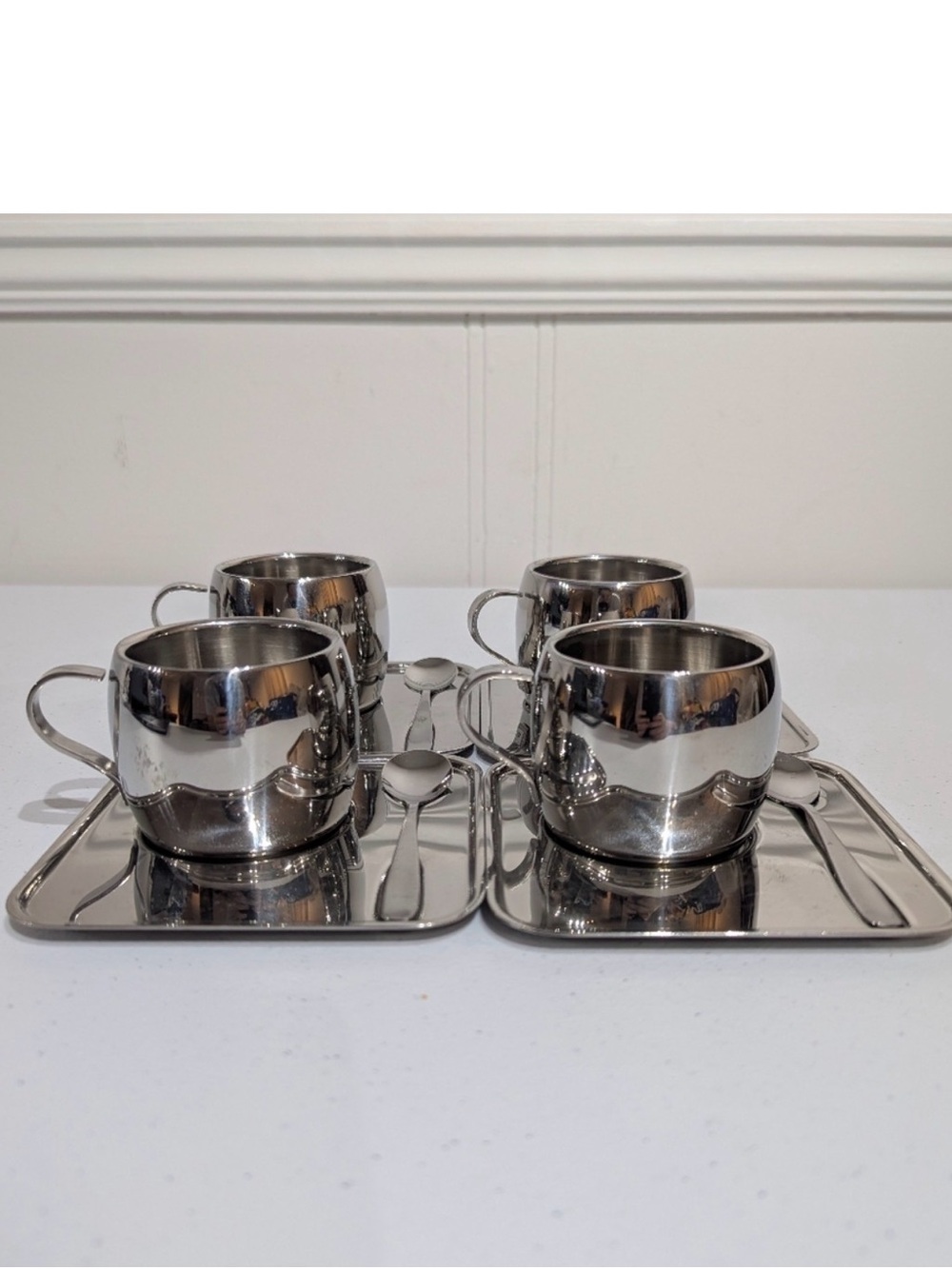 Tramontina Espresso Cup & Saucer Set of 4 -18/8 Stainless Brazil Double Walled